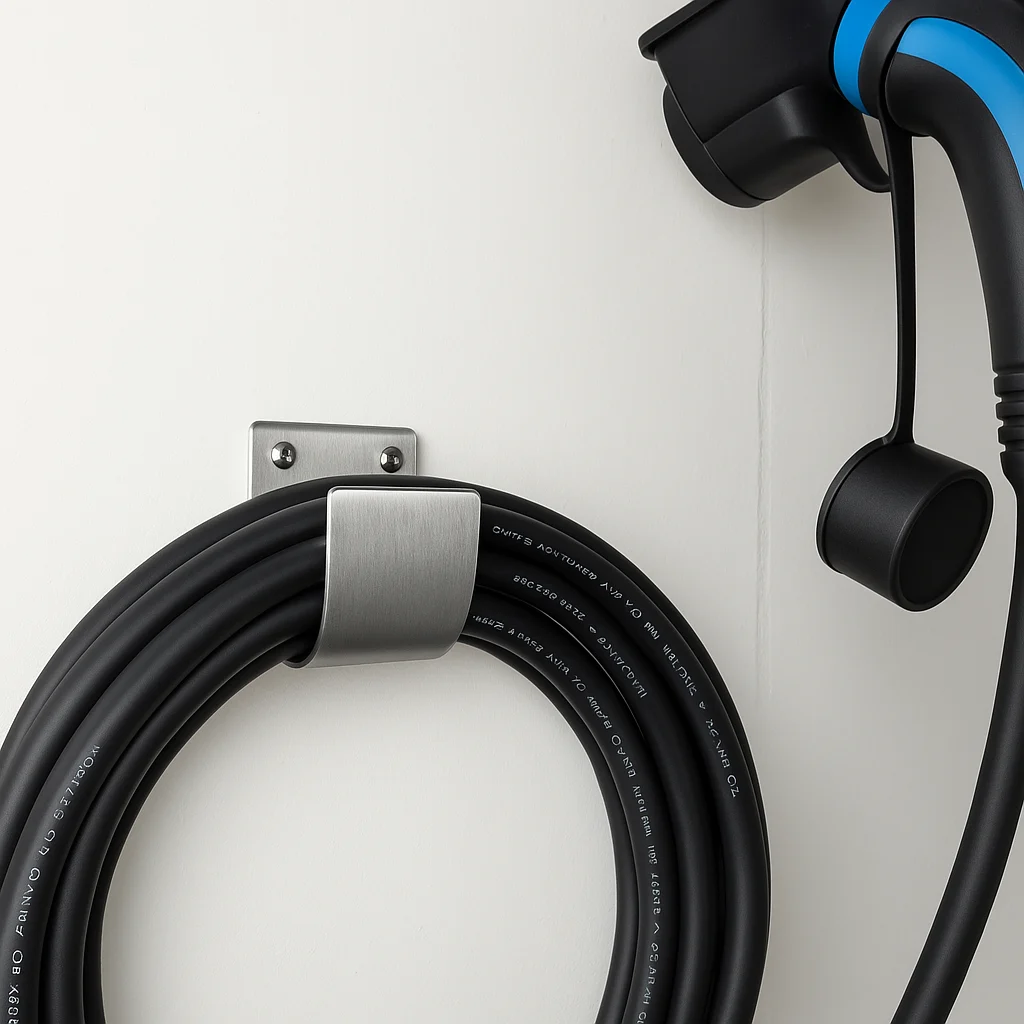 An der Wand zusammengerolltes Kabel mit Kabelhalter EVS