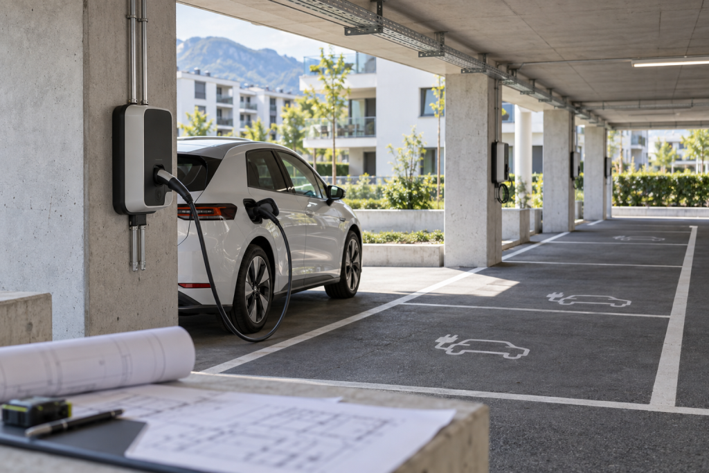 Ladeinfrastruktur für Elektroautos in einer Wohnanlage im Kanton Zürich