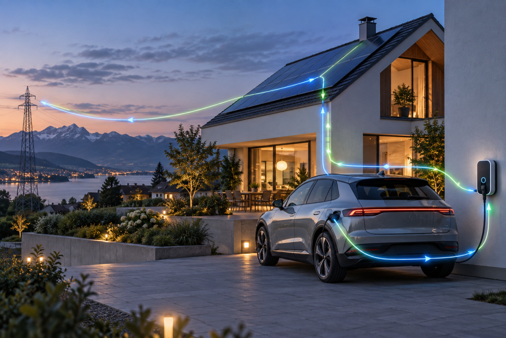 Bidirektionaler Energiefluss zwischen Elektroauto, Wohnhaus, Solaranlage und Stromnetz