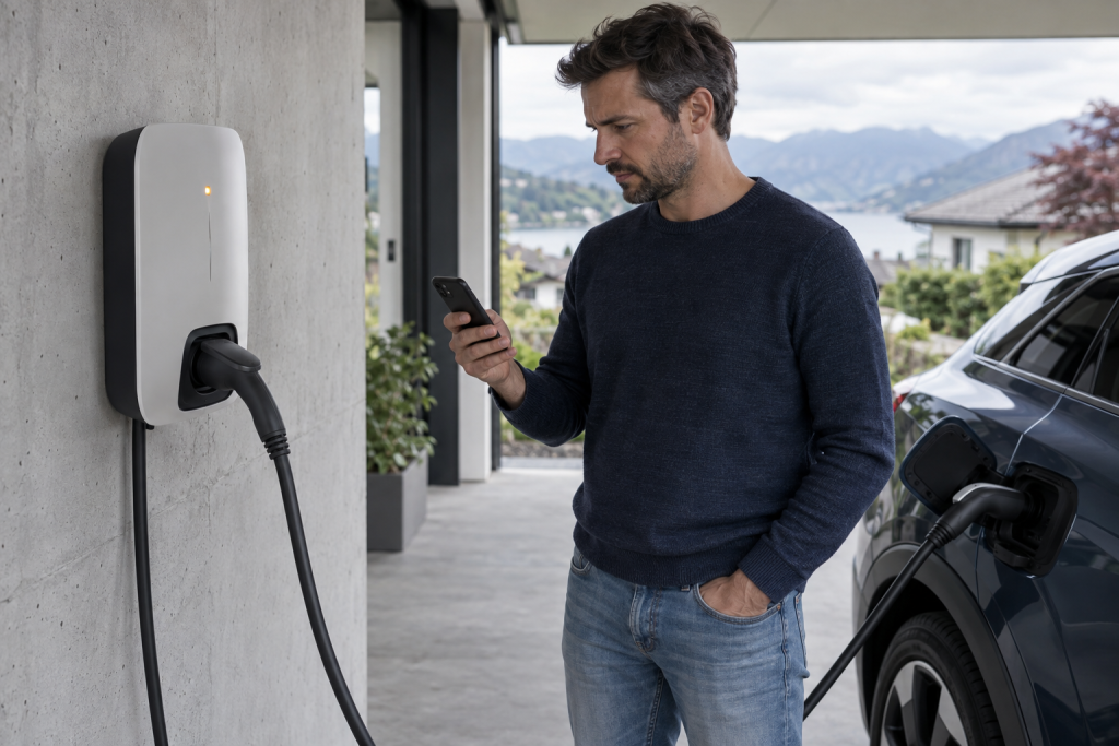 Elektroautofahrer prüft eine Fehlermeldung an der Ladestation per Smartphone