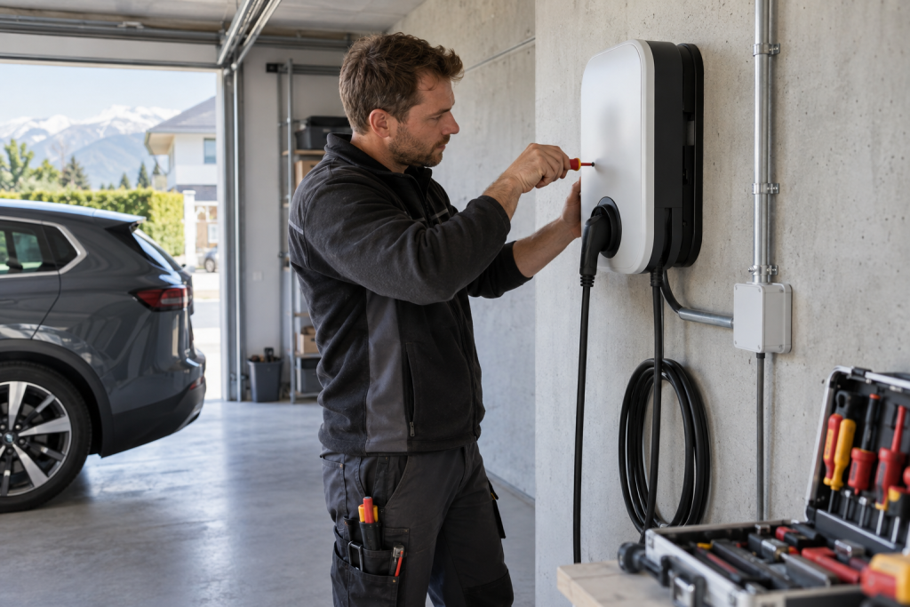 Elektriker installiert eine Wallbox in einer Garage neben einem Elektroauto