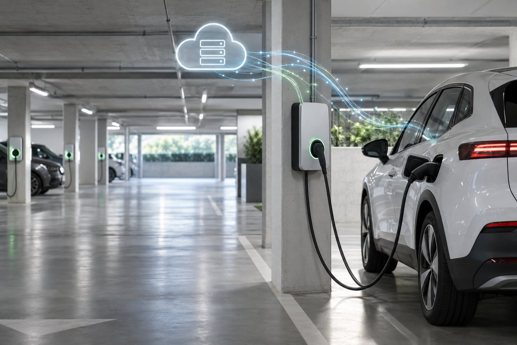 Elektroauto an einer vernetzten Ladestation mit sicherer Verbindung zum OCPP-Backend
